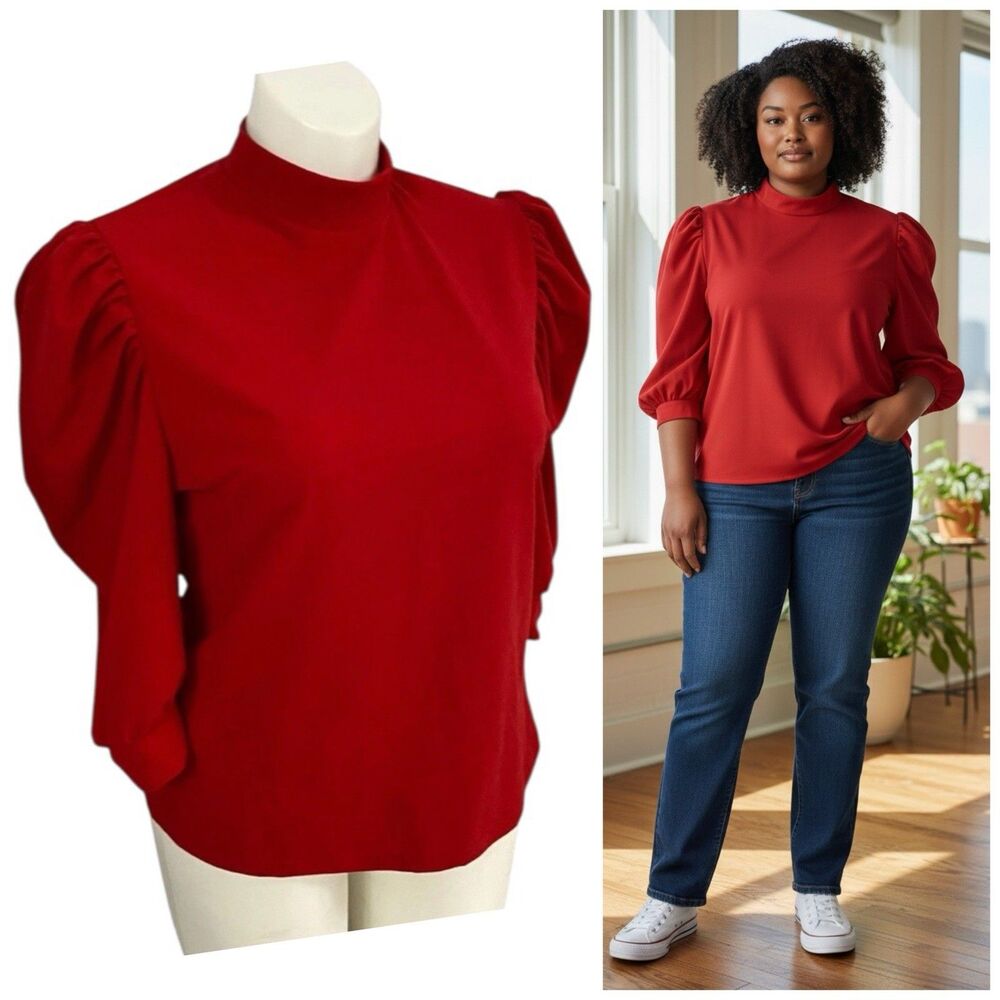 Shein Top Womens 2XL Red Shirt Puff Short Sleeve Work Office Casual Cottagecore